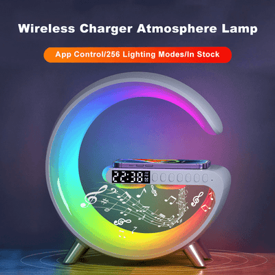 Smart Wireless Charger, Alarm Clock and Bluetooth Speaker Lamp