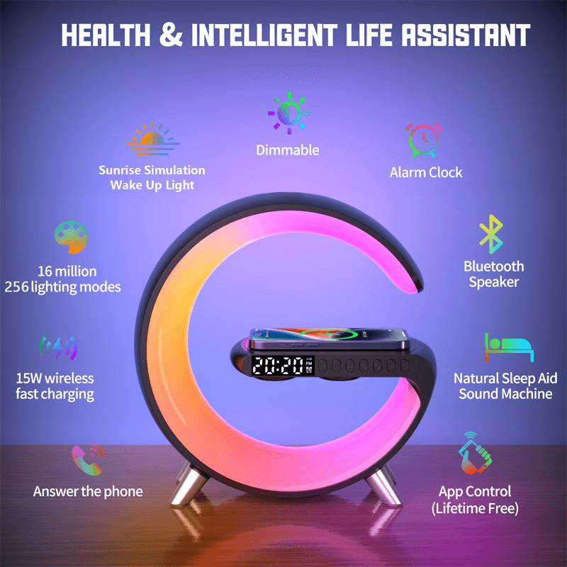 Smart Wireless Charger, Alarm Clock and Bluetooth Speaker Lamp
